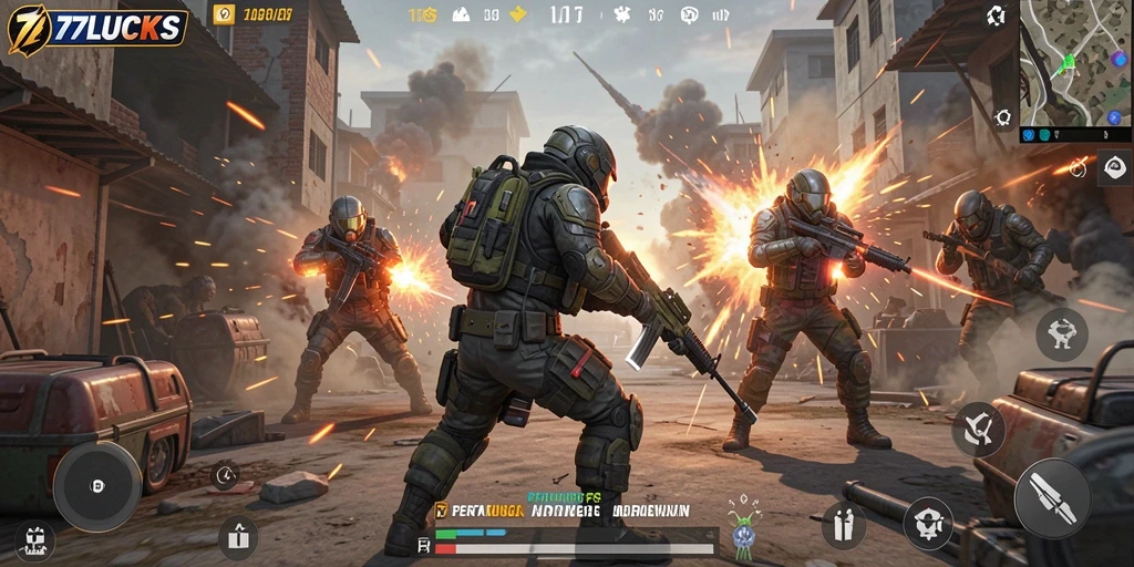 Screenshot gameplay 77LUCKS dengan aksi tembak-menembak yang intens.