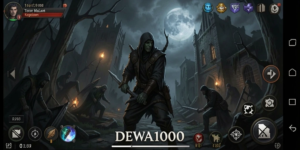 Screenshot gameplay DEWA1000 dengan suasana mencekam dan elemen horor.